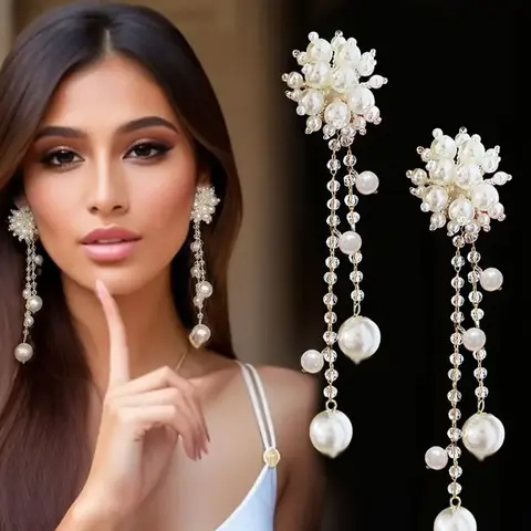 Mother's Day Gift Vintage-Inspired Faux Pearl Tassel Earrings, Statement Earrings, Unique Design Earrings, Elegant Floral Stud Earrings for Women, Stylish Jewelry, Perfect for Weddings & Everyday Glam