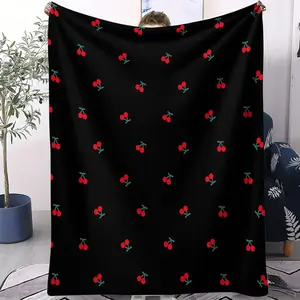 Black Cherry Print Blanket, Lightweight Flannel, Suitable for Sofas, Travel, Camping, Living Room, Office, Sofa Chairs, and Beds;, Soft Flannel Blanket, A Great Gift.
