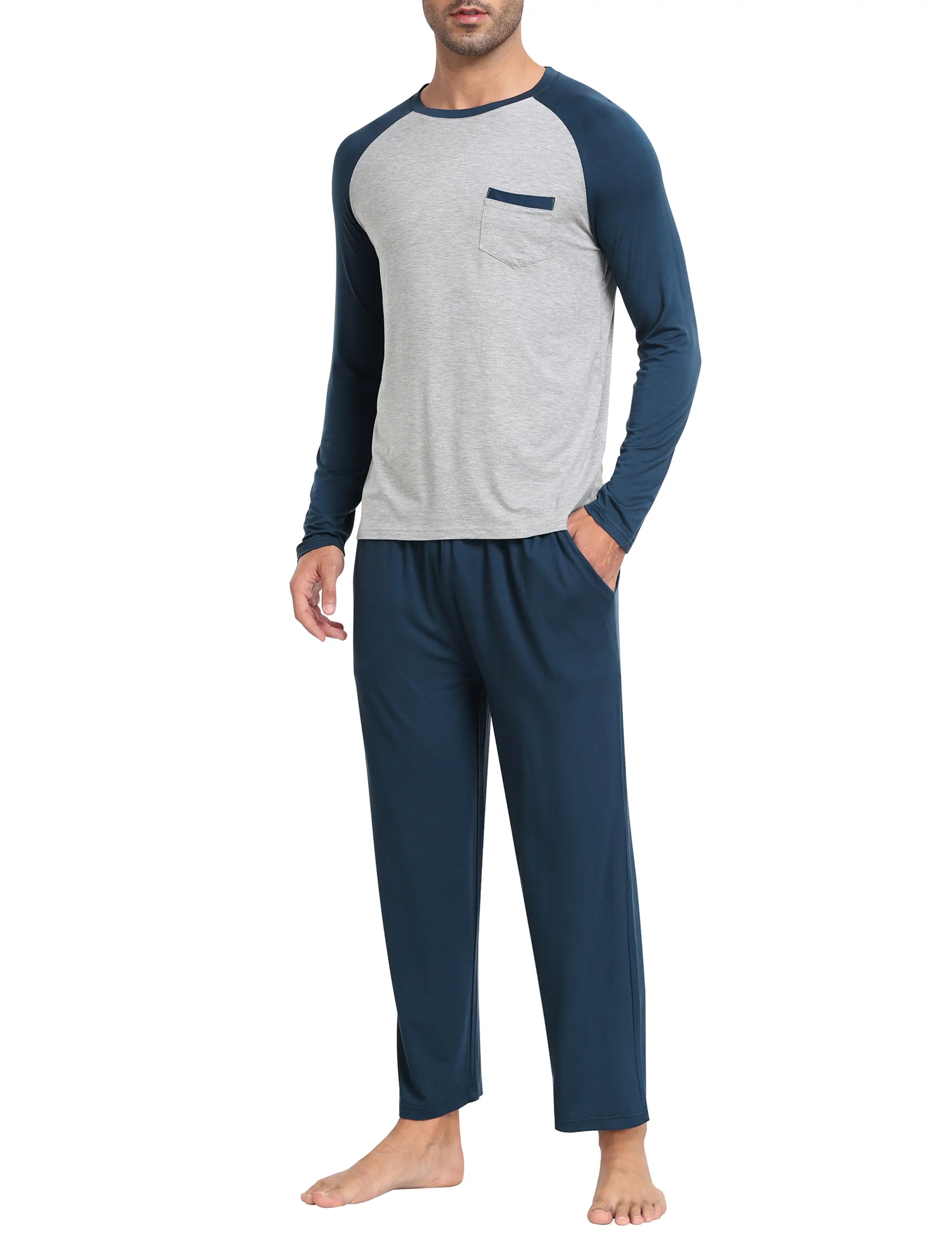 MoFiz Men's 2-Piece Pajama Set, Menswear Longsleeves Round Neck Loose Fit Home Outfits, Modal Nightwear with Pocketed Pants for Men's Sleep & Lounging, Pajama Party, Adjustable Bottom Men's Pajamas Sets