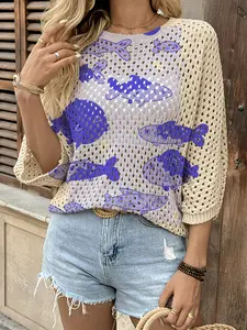 Spring Summer Women's Hollow Out Batwing Sleeve Knit Top, Cartoon Fish Print, Casual Elegance Commuter Wear, Boho Beach Cover-Up