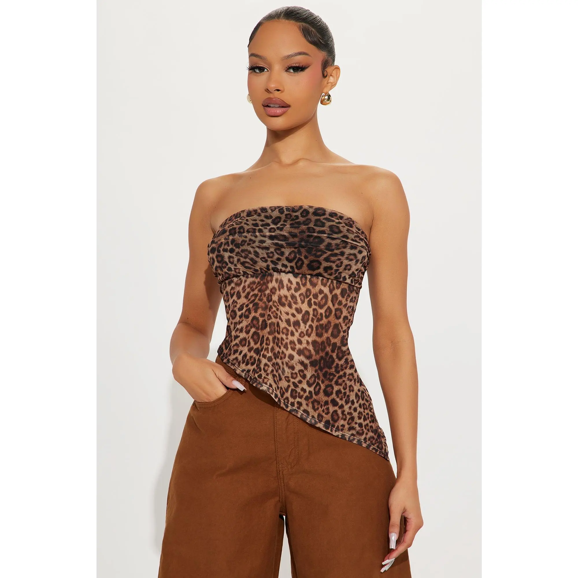 FASHION NOVA Women's Asymmetrical Mesh Tube Top, Marceline Leopard Print Design