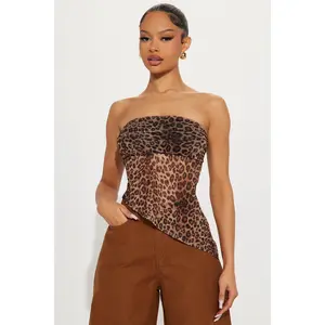 FASHION NOVA Women's Asymmetrical Mesh Tube Top, Marceline Leopard Print Design