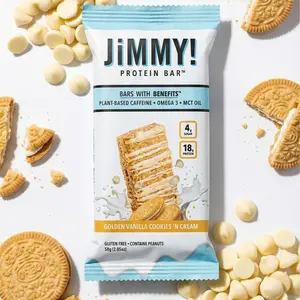 JiMMYBAR! Golden Vanilla Cookies 'n Cream High Protein Bar - 18g Protein, 4g Sugar, Plant-Based Caffeine, Gluten-Free, 12 Bars, Real Food Mix with Guarana & MCT Oil, Chocolate Packed Snack, Functional Nutrition Box - Peanut, Homemade