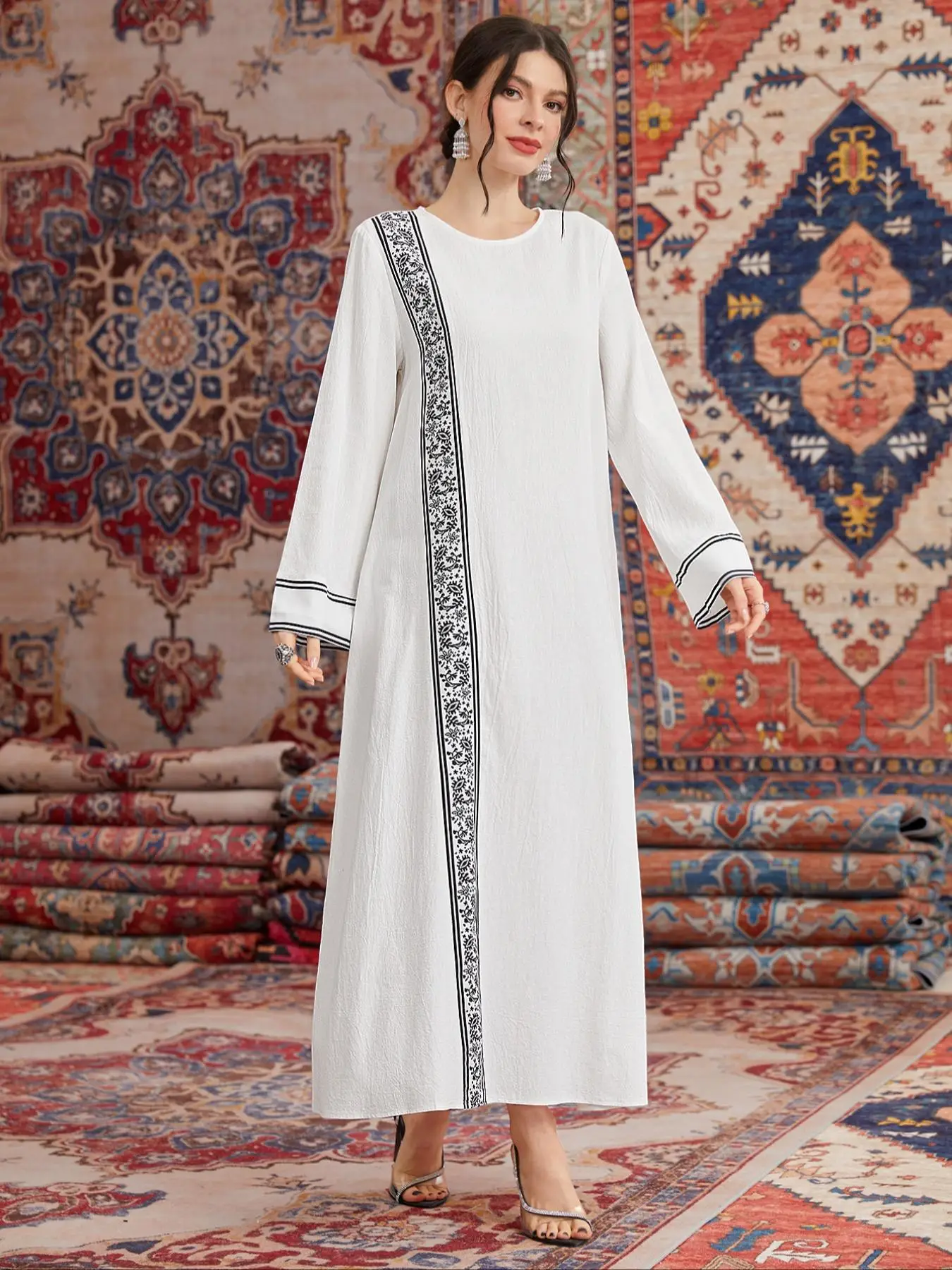 Arabic Clothing-Patchwork Print Long Sleeve Dress, Modest Round Neck Long Dress for Daily Vacation Party, Women's Islamic Clothing for All Seasons