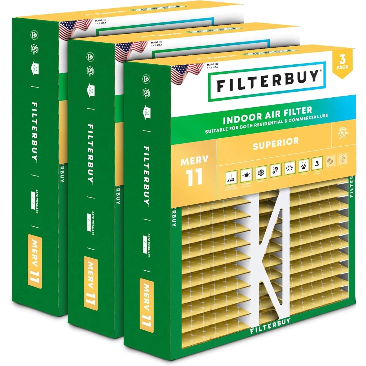 Filterbuy 20x20x5 Eco-Friendly Electrostatically Charged Replacement Air Filter (3-Pack), Pleated MERV 11 Allergen Defense, Endures 200°F Max, for HVAC AC Furnace, Honeywell FC100A1011, Lennox X0585 Aircon Accessories, Endures Temperatures Up To 200°F