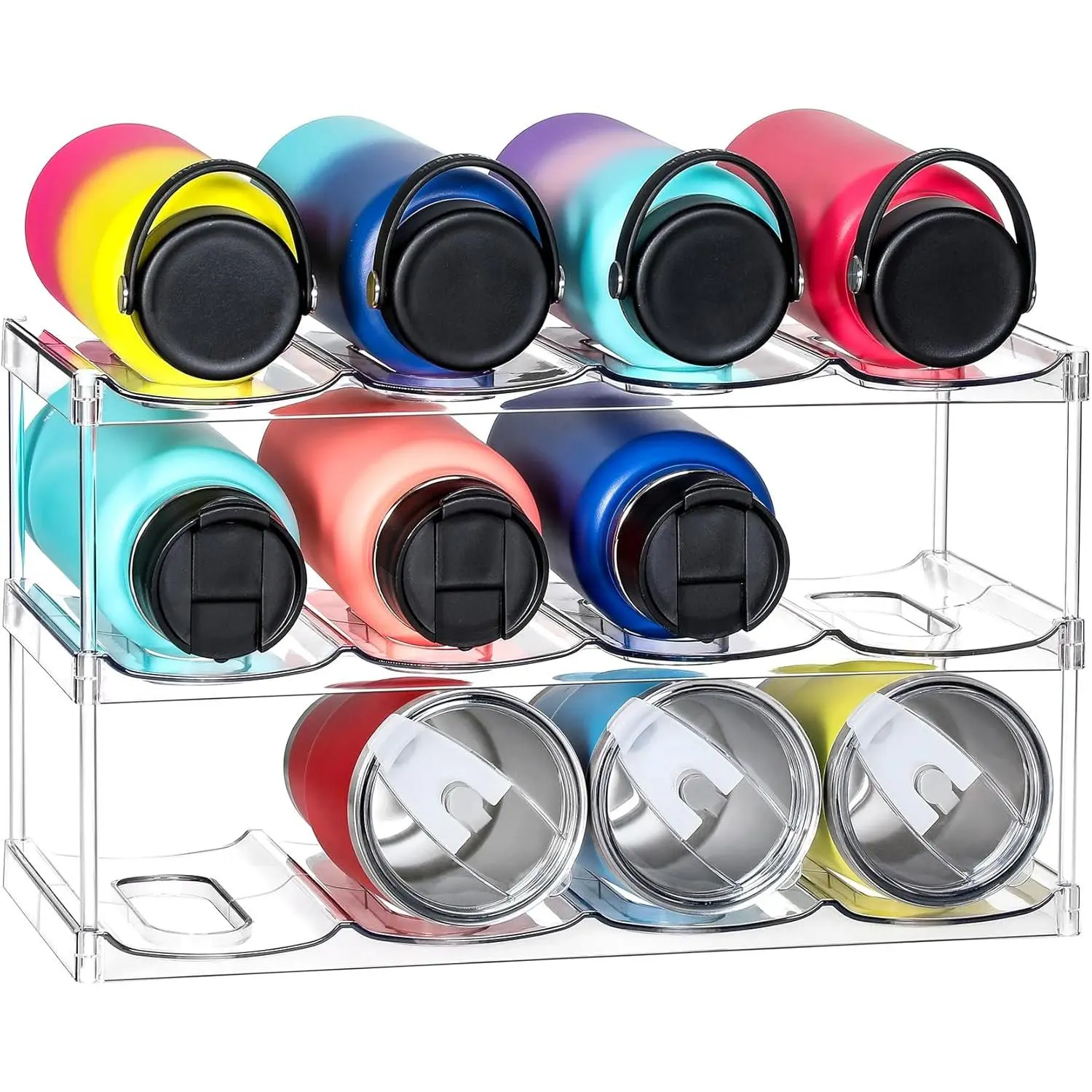 LARGER Compartment - 3 Tier Stackable Water Bottle Organizer Holder - for Stanley 40oz & Others' Large Tumbler - Clear Wine Rack, 12 Cup Bottle Holder for Cabinet Home Countertop Fridge Pantry Shelf Household Fitting
