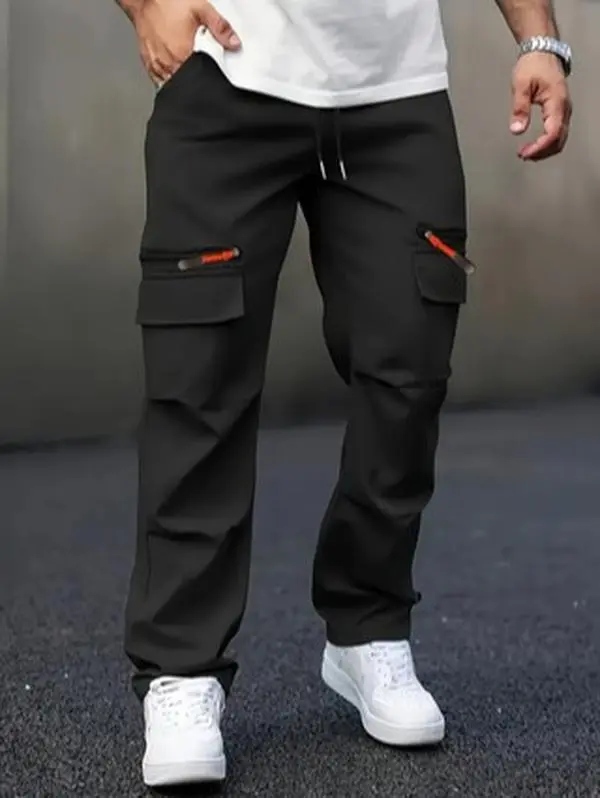 Men’s multi-zip cargo pants, loose straight fit, drawstring waist, casual outdoor work trousers