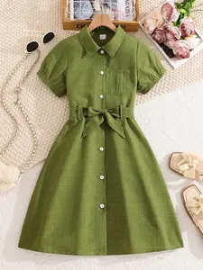 Girls Dress with Button Collar Design, Bubble Short Sleeve, Adjustable Waist Belt, Comfortable Casual Style