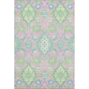 HomeRoots 678866 8 x 10 ft. Pink Teal & Lime Green Oriental Washable Machine Made Rectangle Area Rug with UV Protection