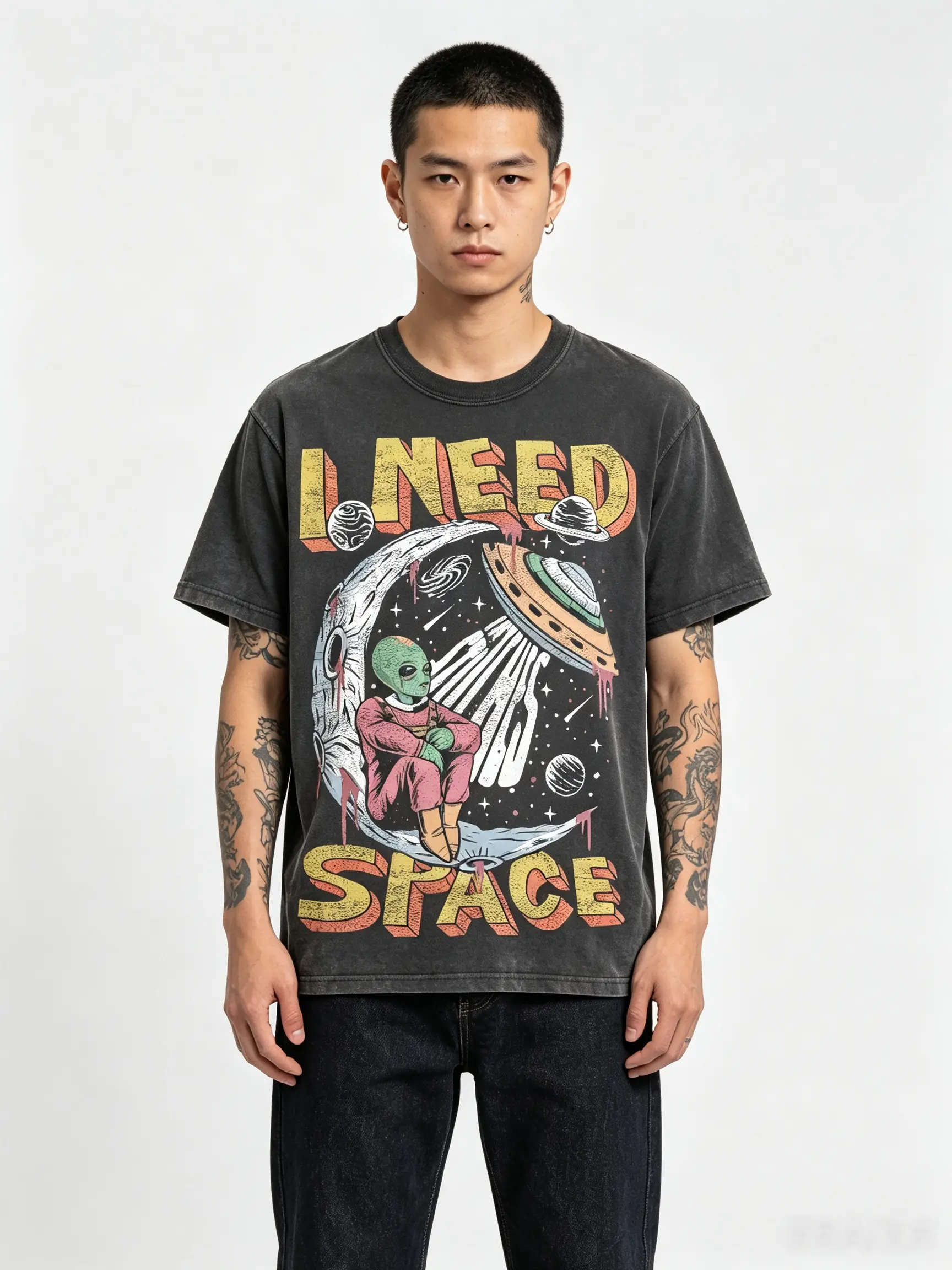 Men's Retro Graphic T-Shirt, Oversized Washed Cotton Casual Top with "I Need Space" Alien UFO Print, Tshirt, Shortsleeve, Menswear, Round Neck