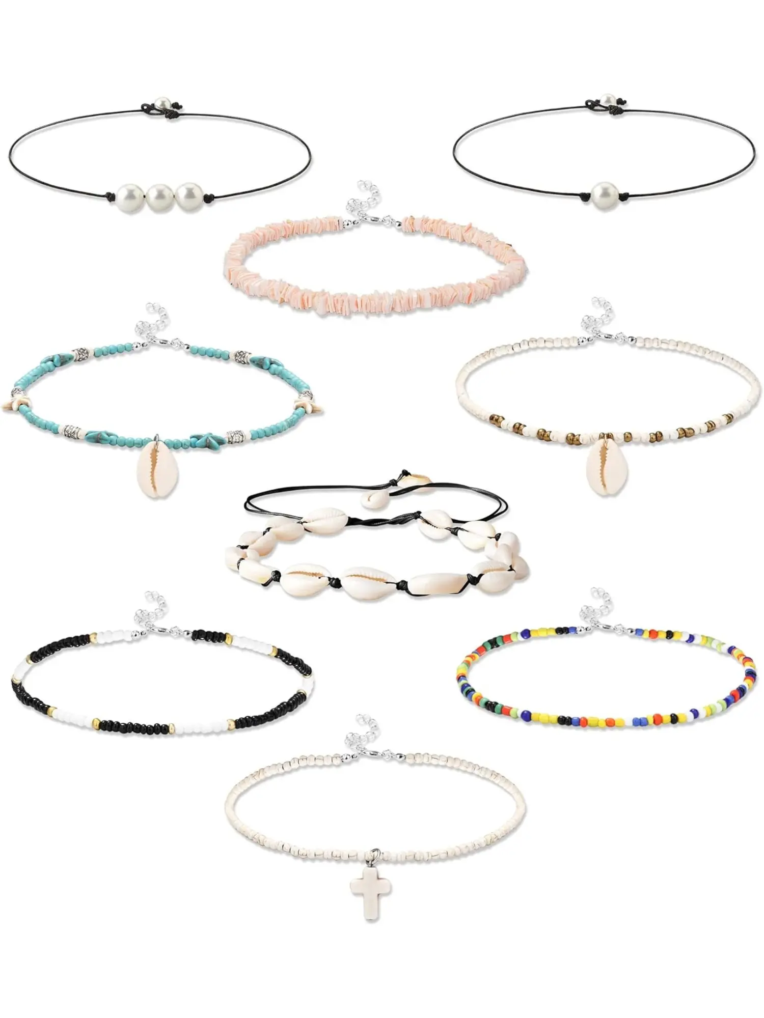 9/12 PCS Shell Choker Necklaces for Women Bohemian Beach Shell Chip Choker Vsco Bead Pearl Cord Necklaces Handmade Beach Jewelry Set