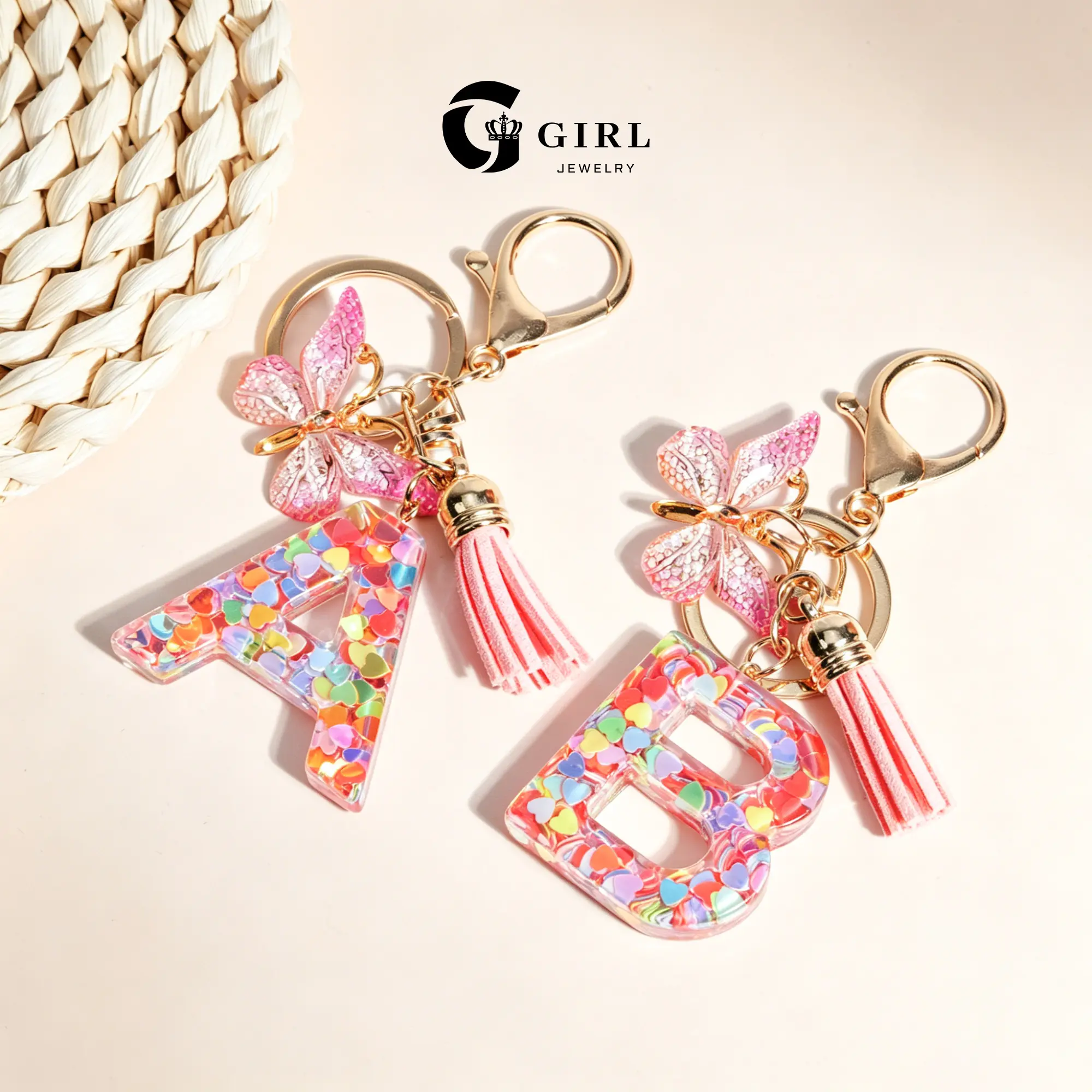 GGIRL Cute Charm Pink Colorful Initial Letter Butterfly Acrylic Keychain for Women Fashion Girls , Perfect Decoration Accessory Trendy Tassel Design Keychain for All Outfit,Bag Keychain,Car Key, Gift Giving,Ideal Romantic Valentines's Day Gift