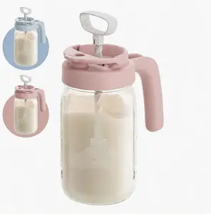 Papablic Glass Formula Pitcher, Fast Baby Breastmilk Maker with Mixing Handle Lid, Wide Mouth Mason Jar Breast Milk Storage Container with Flip-Lock Spout, BPA-Free, Pink