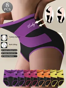 QUASTI 8 Pack High Waist Crossover Hip Lifting Color block Women's Briefs, Highly Elastic Tummy Control Shaping Underwear,Breathable Comfortable Soft Panties,Fashionable Elegant Women's Briefs S-XXL,Stylish Thong