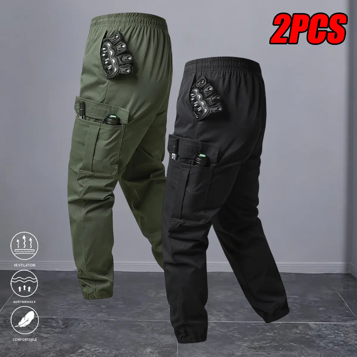 Men’s cargo pants with multiple pockets and cuffed ankles, all-season design suitable for everyday outings and outdoor workwear/sports long pants; ideal for hiking, camping, and daily wear.