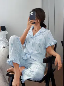 Valentine's Day Women's Sleepwear Set, Floral Print Ruffle Short Sleeve Long Pants, Casual Home Wear, Soft Button Up Top & Elastic Waist Pant