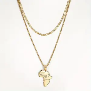 Hermah Layed Double Chains Map Pendant For Men Women Stainless Steel Box Figaro Link Necklace Fashion Jewelry Gift