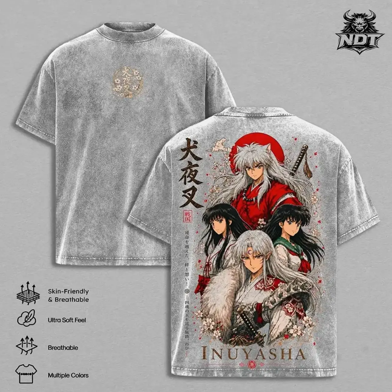 Inuyasha Sesshomaru Kagome Vintage Clothes Washed Anime Graphic Tee Manga Shirt Japan Anime T-Shirt Oversized Heavy Cotton Streetwear Top Classic Anime Fan Gift for Men Women WZ3