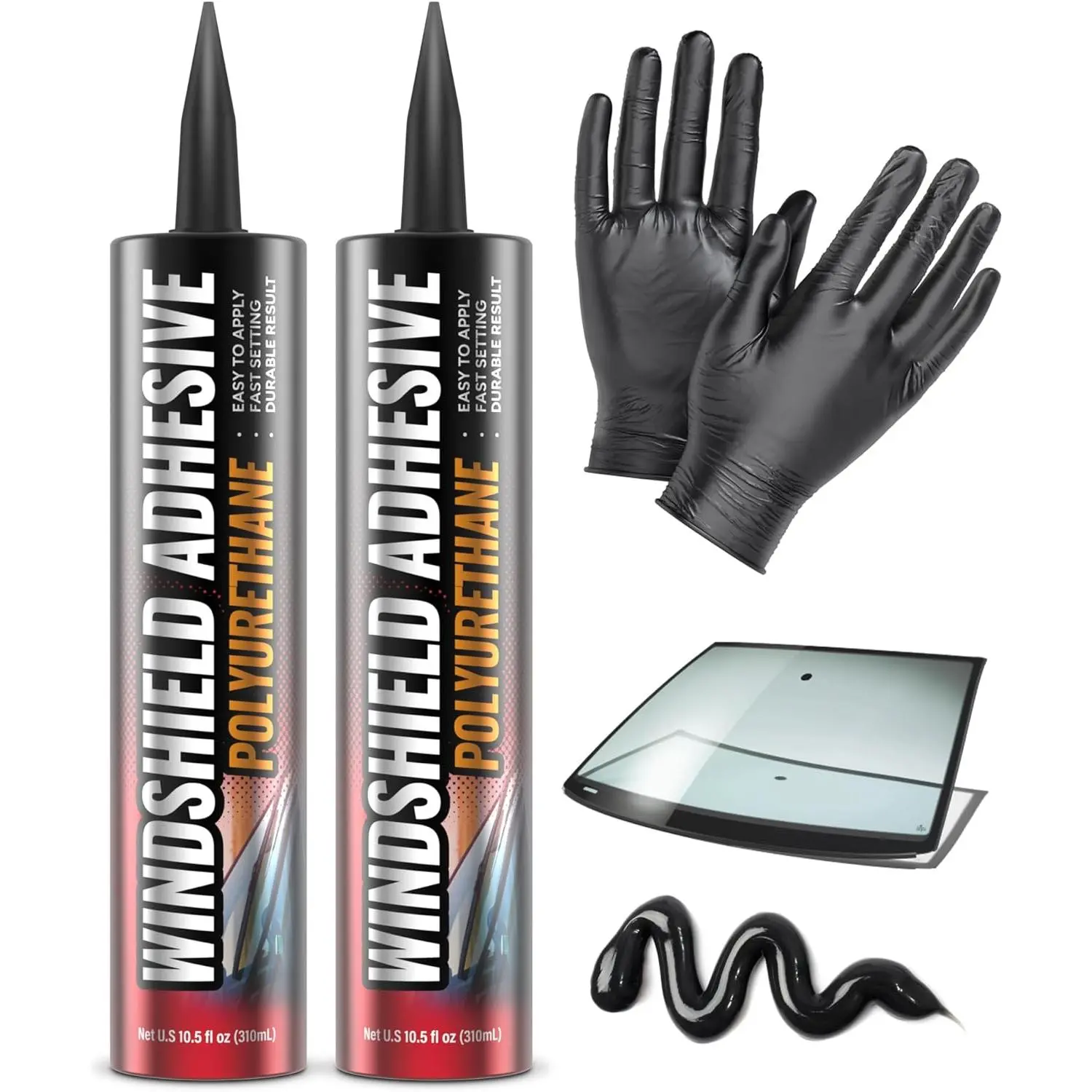 [2 Pack] Automotive Polyurethane Windshield Adhesive - 310ml Quick-Curing, All-Weather, Impact-Absorption Glue with Superior Bonding Strength for Vertical & Overhead Use on Glass Edges, Sidelights, Auto Glass Repair Kit with Gloves, Applicator Tip, Waterp