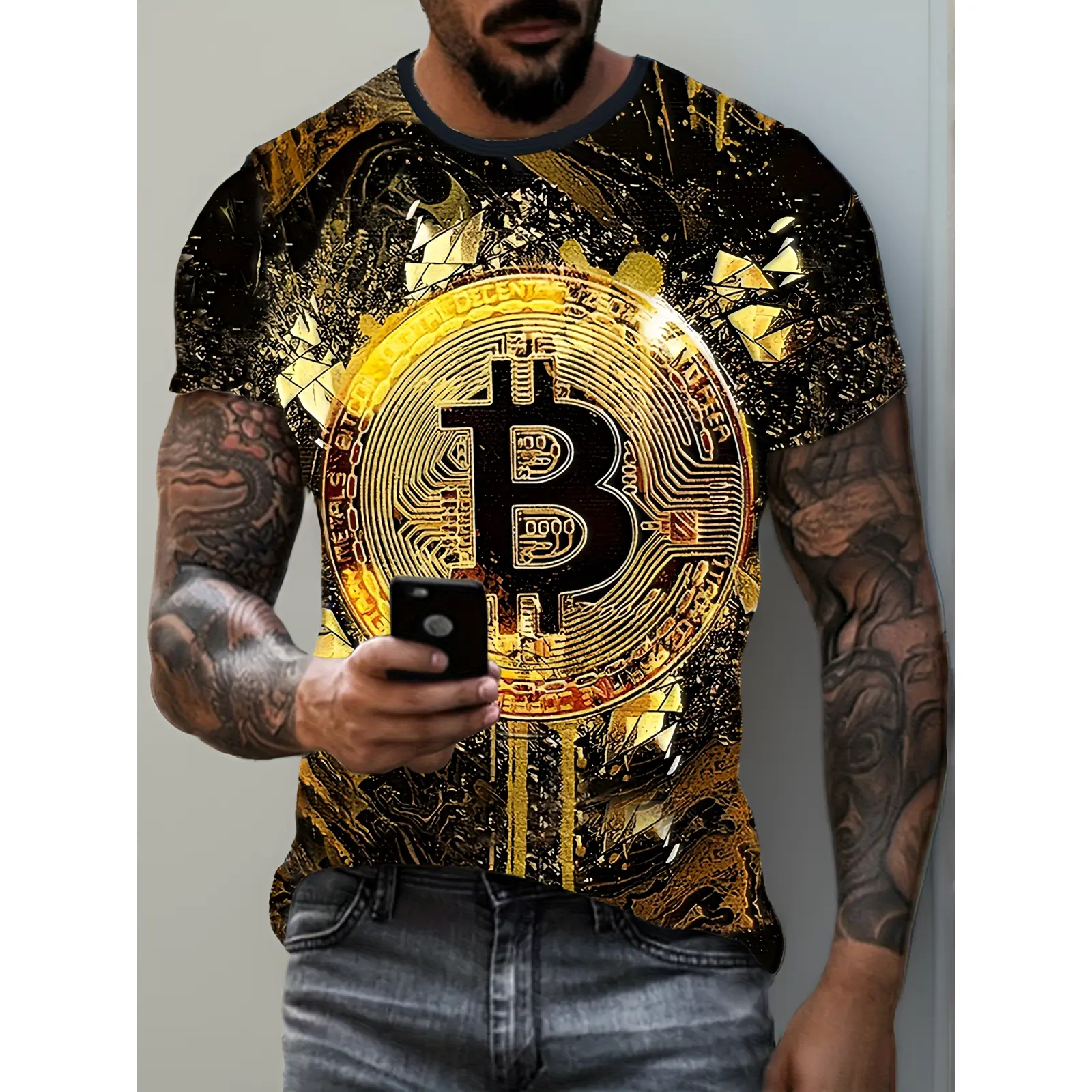 Men's Bitcoin Crypto T-Shirt with 3D Bitcoin Logo Print - Loose Fit Crew Neck Short Sleeve, Suitable for Summer Parties & Tech Events, Casual Streetwear for Cryptocurrency Enthusiasts, Machine Washable Bitcoin Apparel
