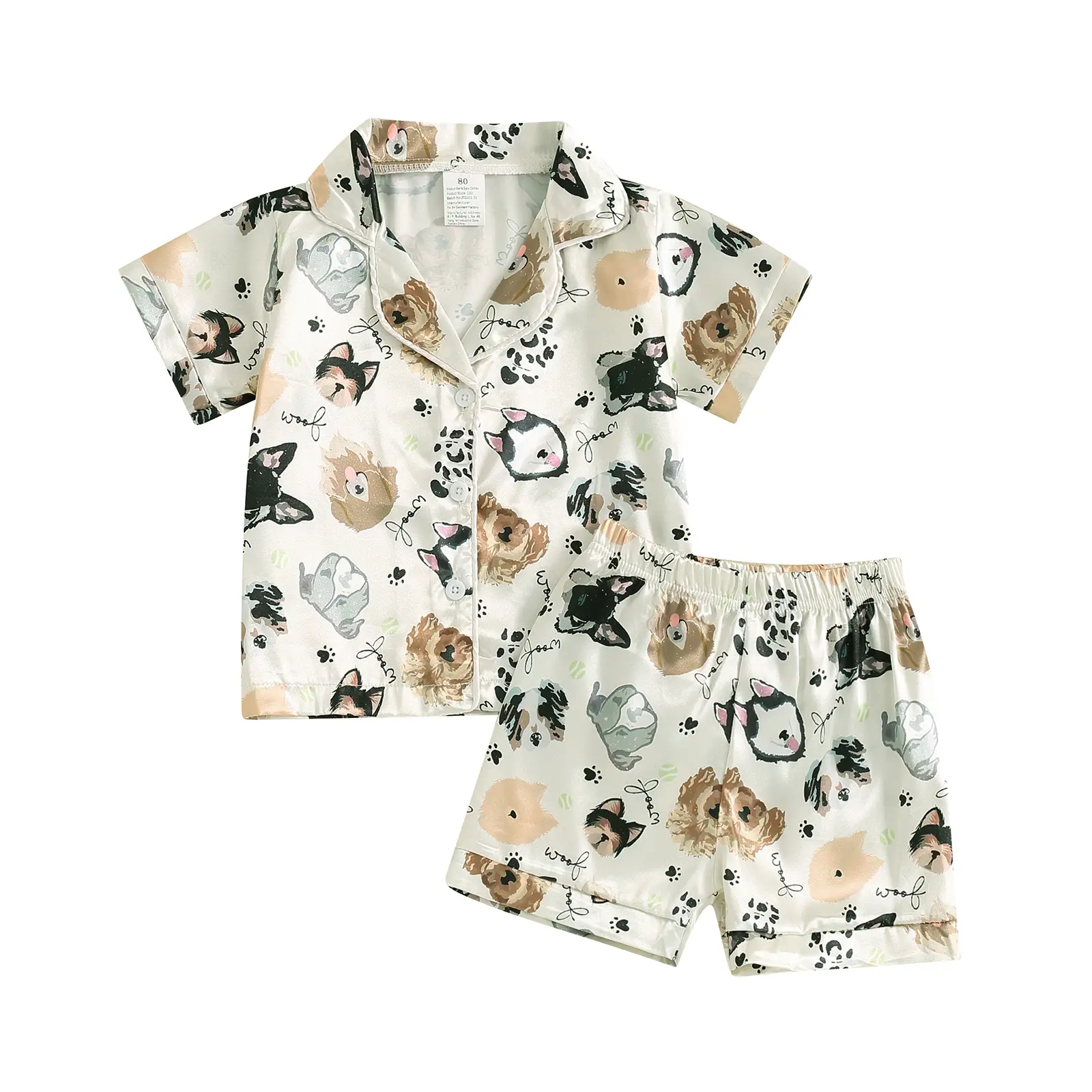 Kids Girls Pajamas Set, Dog Butterfly Print Short Sleeve Turn-down Collar Tops with Elastic Waist Shorts Sleepwear