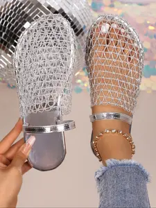 Women's Summer Fishnet Weave Hollow Out Roman Sandals, Flat Round Toe Rubber Half Slipper, Large Size Casual Outdoor Shoes, Breathable Flats