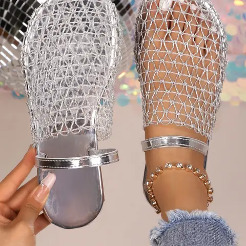 Women's Summer Fishnet Woven Cutout Roman Sandals, Flat Round-Toe Slide Sandals, Flats Sandals in Large Sizes for Casual Outdoor