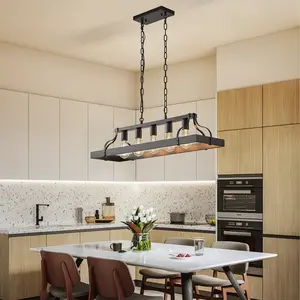 5- black industrial linear kitchen island pendant , adjustable chain, farmhouse rectangular metal chandelier, E26 base, rustic hanging lighting