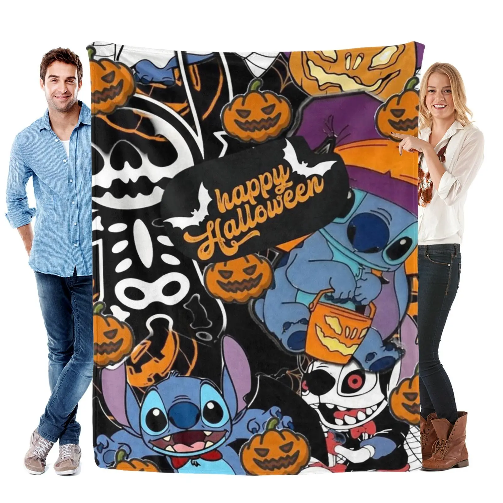 DISNEY CLASSIC Halloween Stitch Flannel Blanket - Cute Pumpkin, Bat & Spooky Cartoon Design, Soft Warm Lightweight Fleece Throw Blanket for Couch, Bed, Bedroom, Halloween Decor & Gift