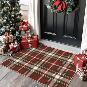 Christmas Door Mat Vintage Scottish Plaid Rug, American Retro Farmhouse Style Tribal Floor Mat, Holiday Home Decor Carpet, Checkered Rug
