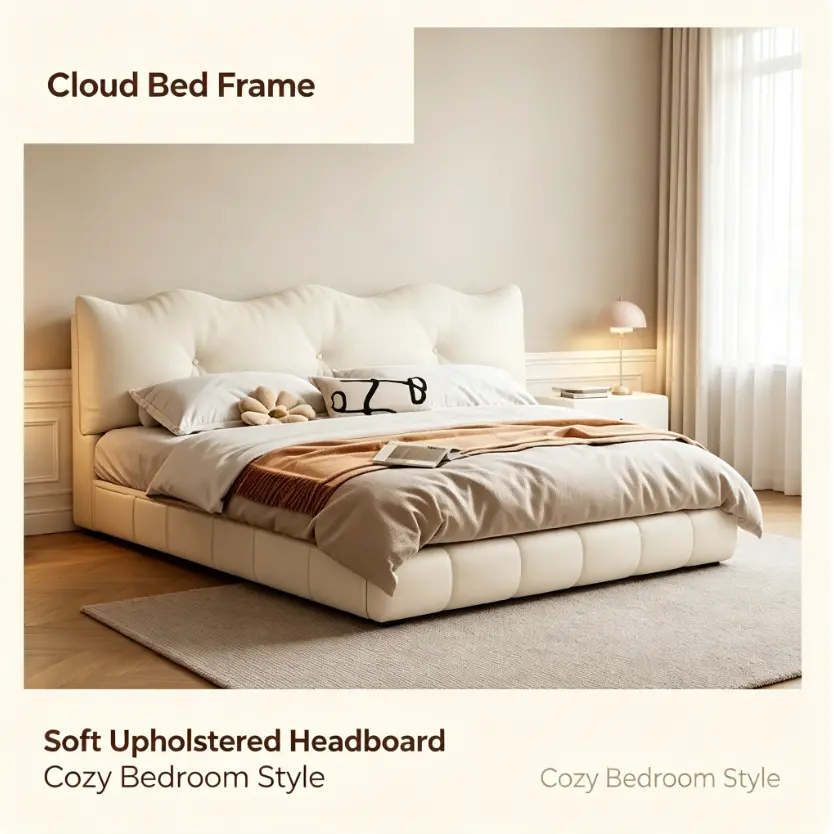 Cream cloud upholstered bed frame featuring a unique wavy scalloped headboard and segmented padded base. Ultra-soft cushioning delivers cloud-like comfort. Warm neutral tone, cozy modern aesthetic,