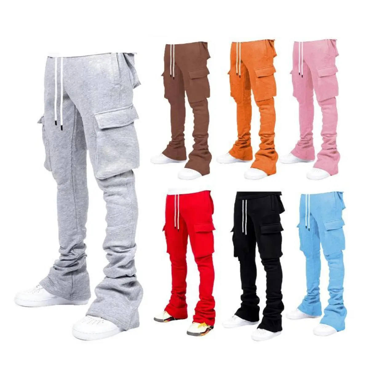 Plus Size Cargo Stacked Pants for Men Fleece Flare Sweat Street Wear Pile Up Hiphop Design classic everyday essential versatile style comfort wardrobe staple piece relaxed fit breathable fabric timeless casual fashion