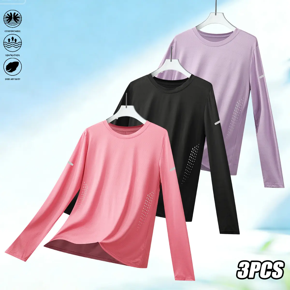 3-pack women’s casual athletic long-sleeve T-shirts, solid color crew neck design, long-sleeve running workout T-shirts suitable for sports and everyday wear
