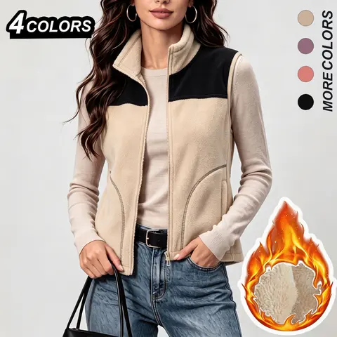 Clean Gent women’s stand-collar fleece vest—soft, lightweight outdoor top with zipper placket and pockets; warm fleece-lined vest for women, casual, suitable for winter wear, new autumn arrival.