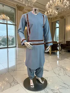 Medium Turquoise Afghan Parahan Tunban with Brown and White Premium Machine Embroidery for Boys/Men