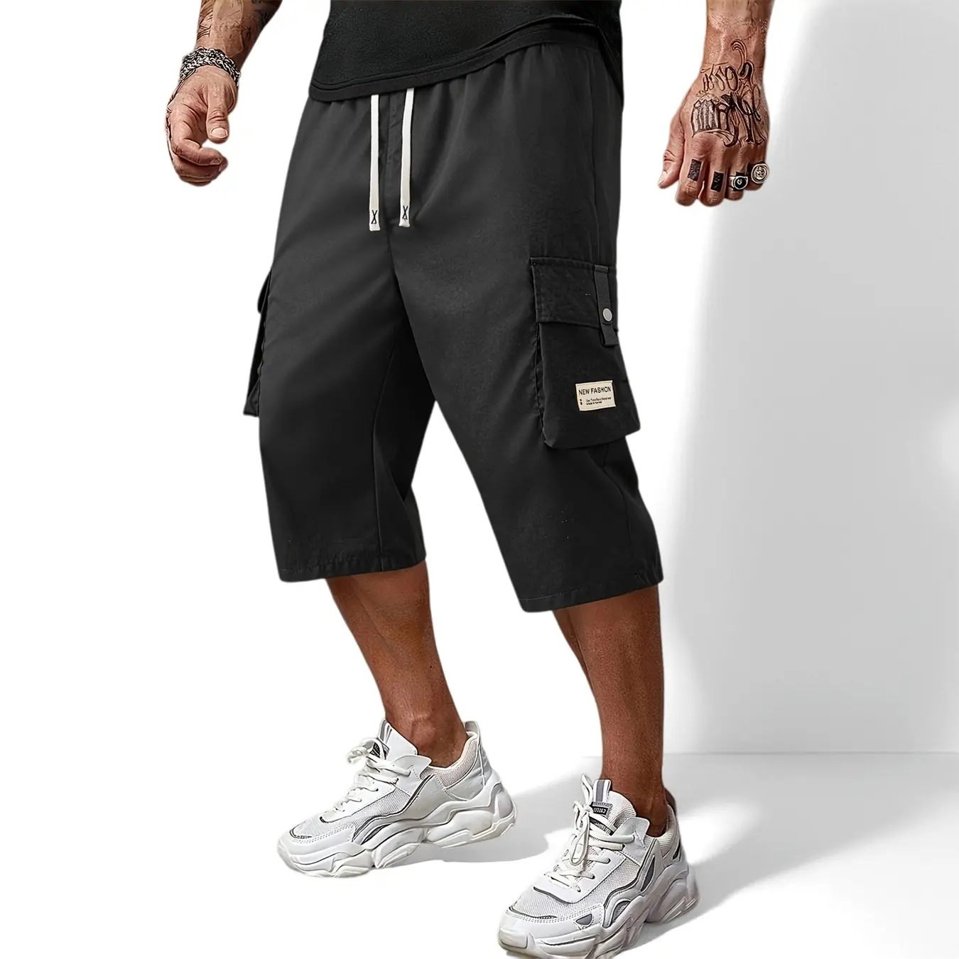 Men’s drawstring cargo capri pants, multi-pocket knee-length casual shorts, lightweight breathable 3/4 length bottoms for everyday wear and outdoor activities