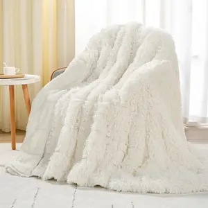 Shaggy Faux Fur Weighted Blanket 15lbs, Super Soft Plush Fleece and Cozy Sherpa Reverse, Decorative Long Fur Throw Blankets 60"x80" Cream
