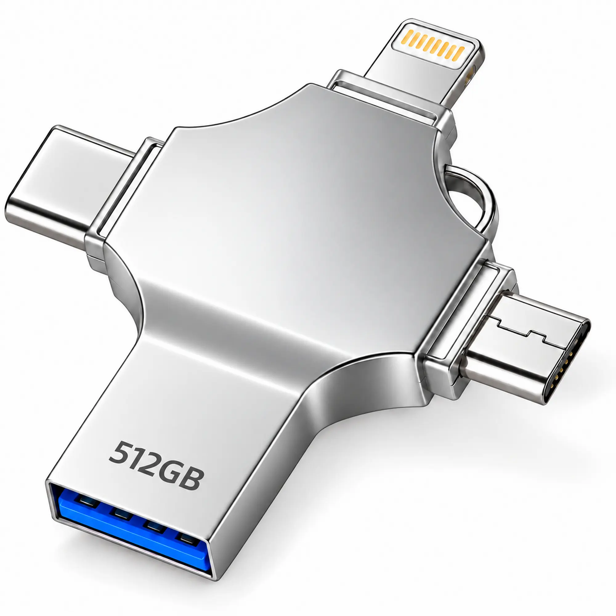 KORLAGH USB Storage Flash Drive for Multiple Devices, 4-in-1 Photo Stick for iPhone & Android, Multiple Interfaces USB OTG Memory Stick with Lightning, USB-C, USB-A and Micro USB for Travel & Content Creators 512GB