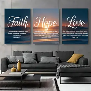 3 Pieces Modern Faith Hope Love Bible Verse Art Prints, Inspirational Quotes Wall Mural, Warm Faith Home Art, Contemporary Gallery Decor, Soft Tone Painting, Wall Decor for Living Room and Bedroom, Framed or Unframed.