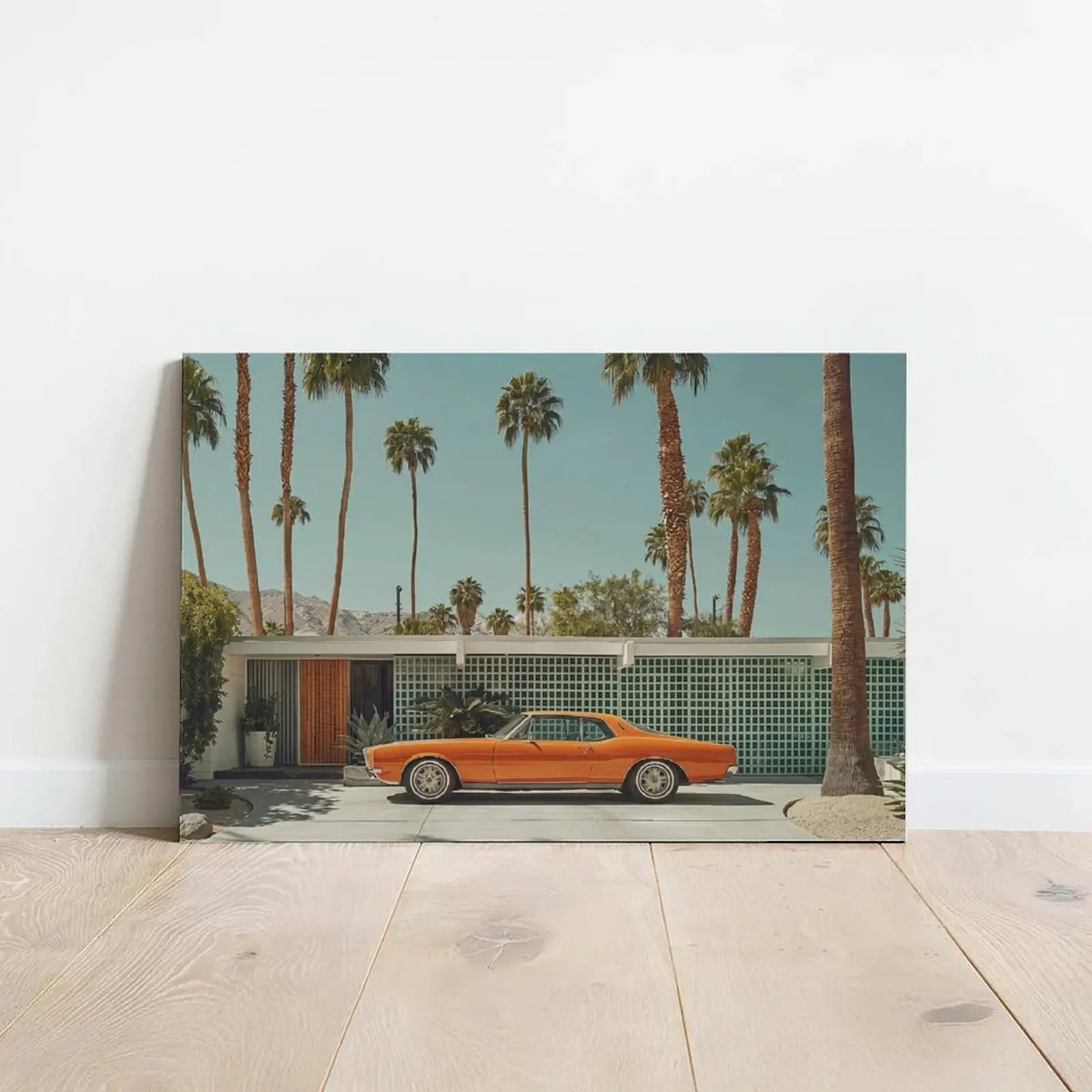 Mid-Century Modern Palm Springs Canvas Wall Art | Vintage Orange Car Poster | Unframed Retro Decor