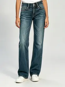 Women's Vintage Washed Stretch Denim Jeans - Mid-Rise Slim Boot-Cut, High-Waisted Baggy Loose Wide Leg Pants - Casual Womenswear Bottoms