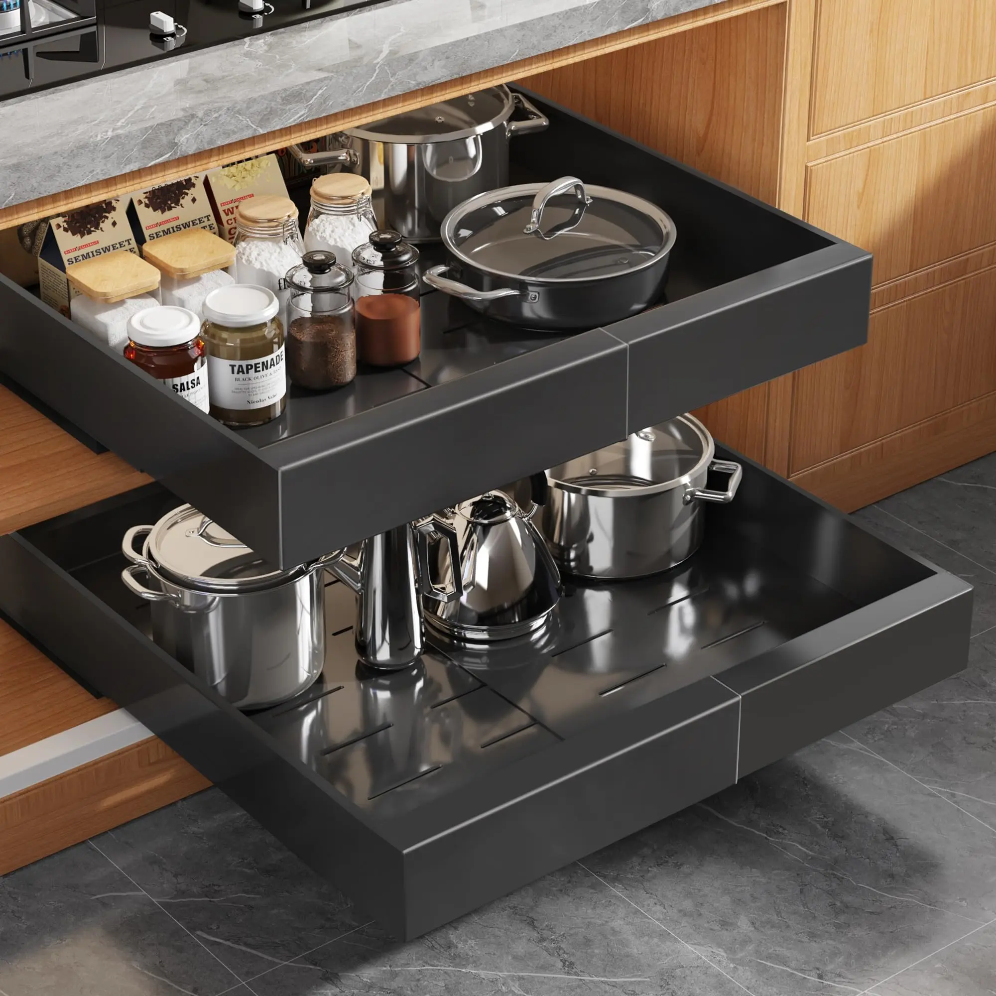 2 Pack Expandable Pull Out Cabinet Organizer 21"Deep With Raising Pad for Framed Cabinets, Upgrade 3 Slide Rails Slide Out Drawers, Roll Out Shelves Adhesive,Adjustable Width 12.05"-20.4", Black