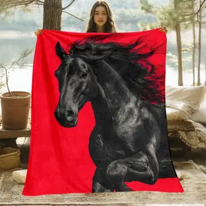 1pc Black Horse On Red HD Printed Blanket. Soft and Warm Flannel Blanket for Travel, Camping, Sofa, Livingroom, Couch, Chair, Bed. Gift for Family or Friends 280GSM 3 Sizes Available (30x40in/50x60in/60x80in)
