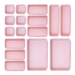 3 Size 16 PCS Drawer Storage Organizer Trays Plastic Separators Bins Easy Clean Reusable Washable Lightweight Design For Kitchen Utensils Bathroom Cosmetics Office Desk Bedroom Drawer Arrangement