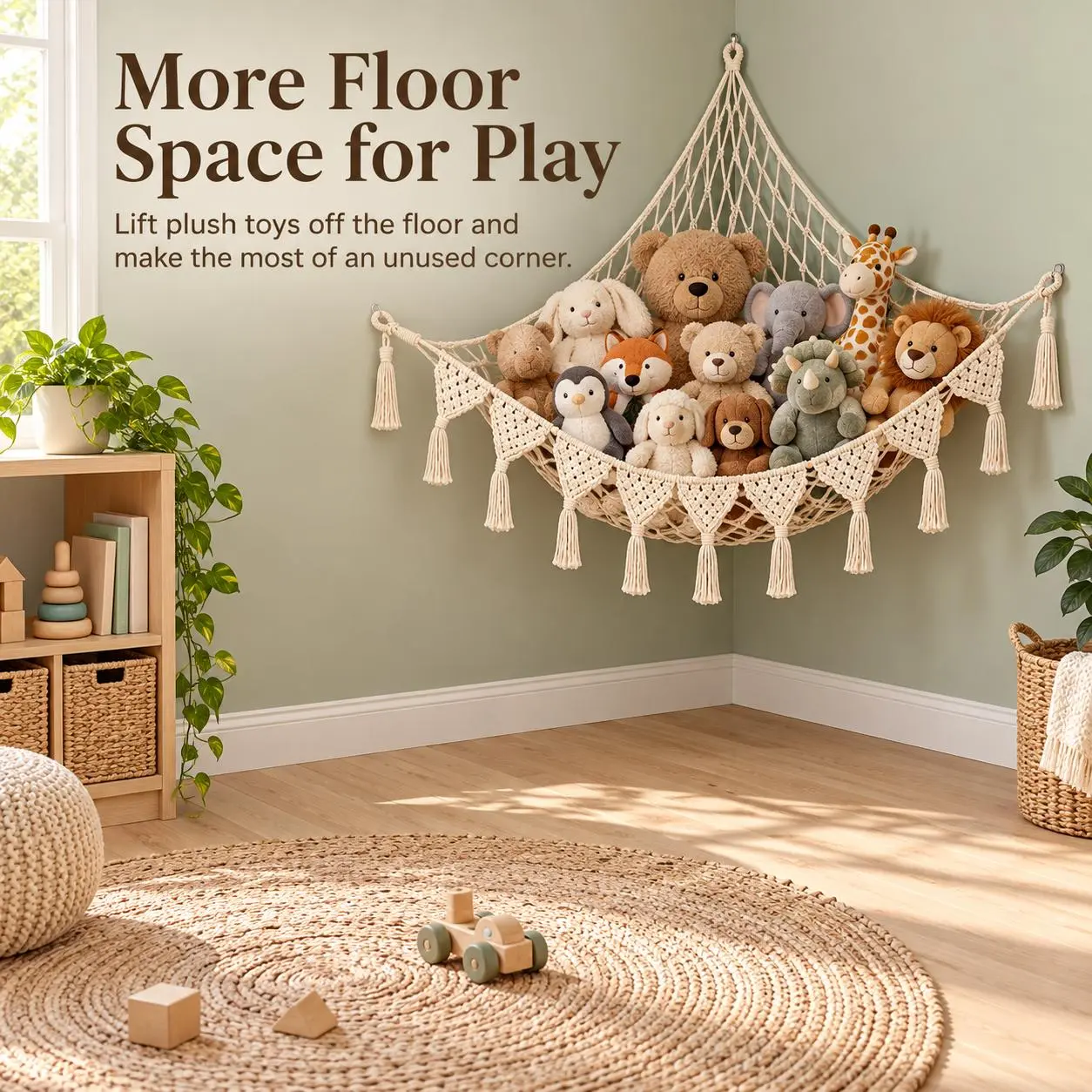 Bohemian Macrame Toy Holder Sling Made Of Durable Knotted Rope To Declutter Playroom Floor Easy Install Hanging Basket For Soft Dolls And Pillows