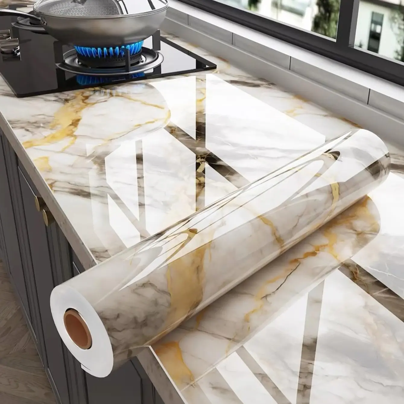 Thick Contact Paper Roll, Marble Backsplash Kitchen Wallpaper Peel and Stick, Waterproof Self Adhesive Removable Peelable Surface for Kitchen Cabinets, Bathroom Desks, Furniture, Table Protection