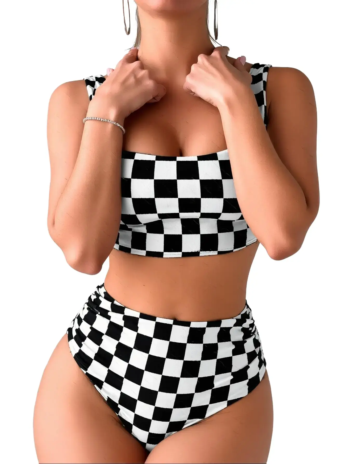 Black & White Checkerboard Square Neck High Waisted Bikini Set, Retro Slim Fit Tummy Control Two-Piece Swimwear for Women Beach Vacation & Pool Party