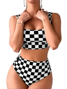 Black & White Checkerboard Square Neck High Waisted Bikini Set, Retro Slim Fit Two-Piece Swimwear for Women Beach Vacation & Pool Party