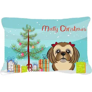 Carolines Treasures  Christmas Tree & Chocolate Brown Shih Tzu Fabric Decorative Pillow