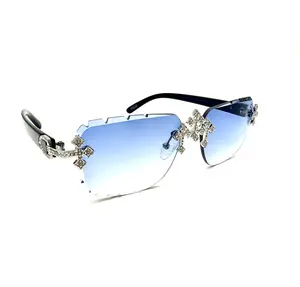 Silver Triple Cross ICED-OUT Sunglasses – Blue Statement Shades, Silver Bridge
